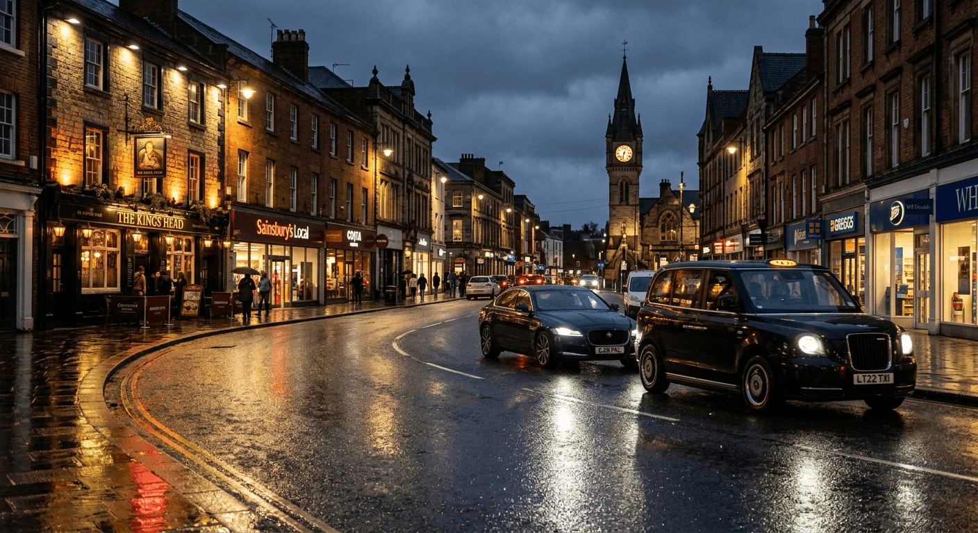 Modern taxi driving through the city at dusk